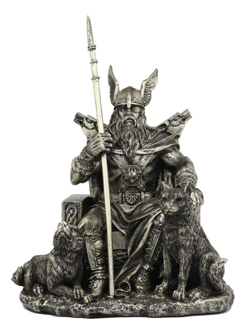 Ebros Gift Norse Viking Mythology Odin The Alfather Sitting On A Throne with Two Wolf Dogs Statue Norselandic Folklore Thor Ragnarok Trilogy Wotan Decorative Figurine 10.5" High - Image 1
